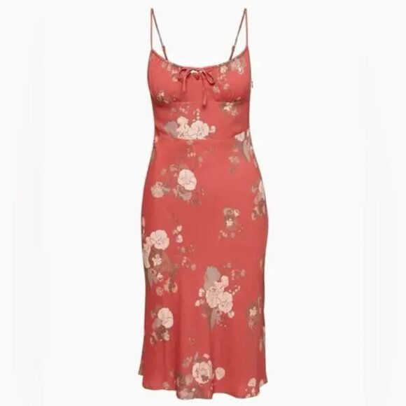 Aritzia Wilfred Bellow Gathered Bust Midi Dress in Rosy Red Floral Size 8 - Picture 1 of 8